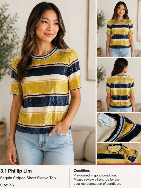 3.1 Phillip Lim Tops - 3.1 Phillip Lim Yellow, Navy & Cream Sequin Stripe Short Sleeve Top